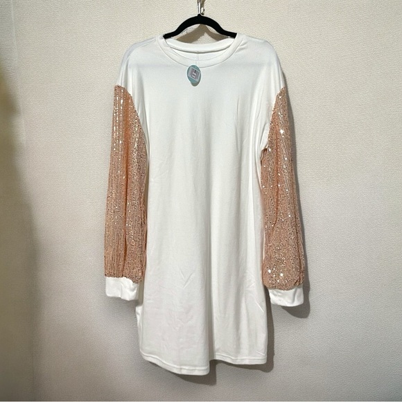NWT White and Gold Sequin Puff Sleeve Shift Mini Dress XL - Picture 4 of 10
